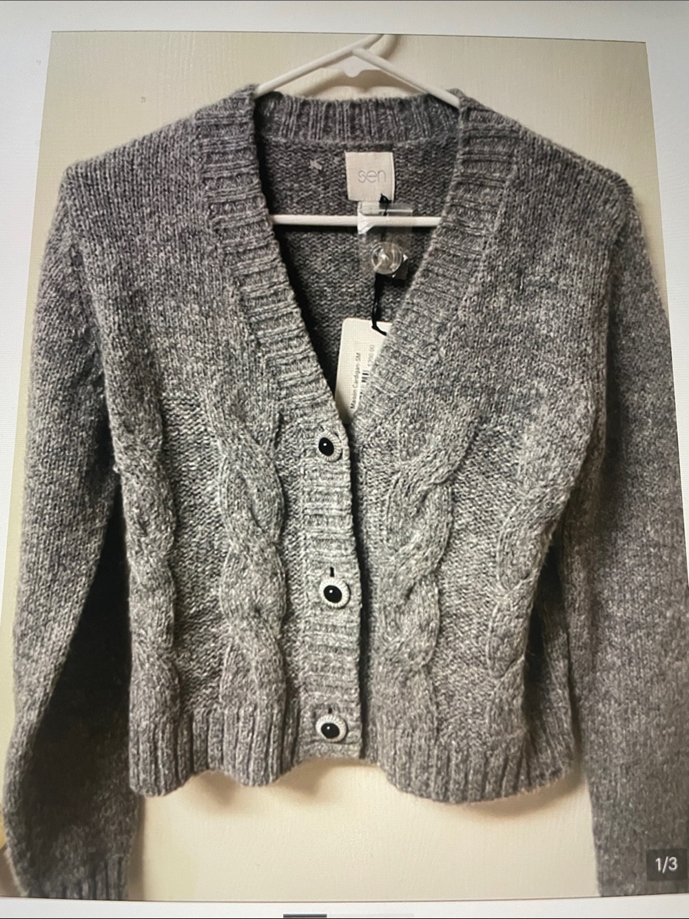 SEN Gray Cable-Knit V-Neck Button Cardigan